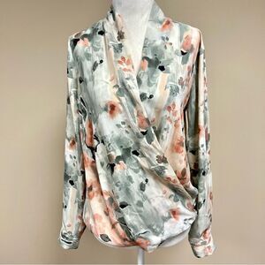 Pleione watercolor floral print wrap front top Sz XS